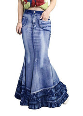 Modern Blue Wrinkled Pockets Patchwork Denim Skirt