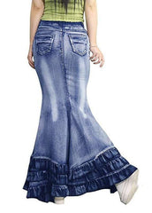 Modern Blue Wrinkled Pockets Patchwork Denim Skirt