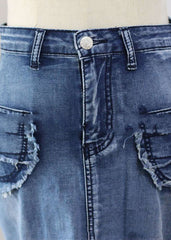 Modern Blue Wrinkled Pockets Patchwork Denim Skirt