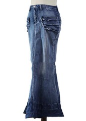 Modern Blue Wrinkled Pockets Patchwork Denim Skirt