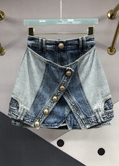 Modern Blue Zip Up Pockets Patchwork Denim Skirts