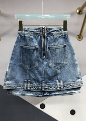 Modern Blue Zip Up Pockets Patchwork Denim Skirts