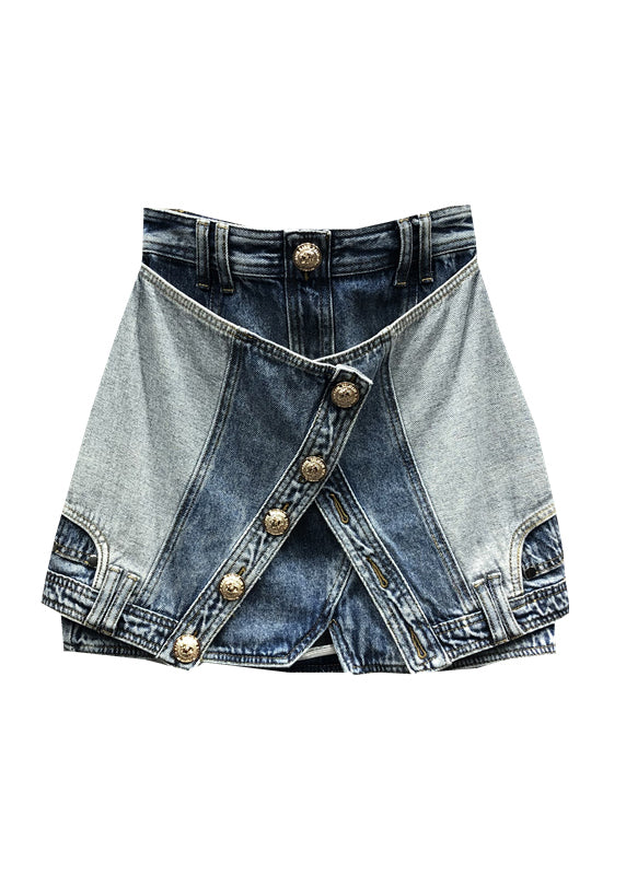 Modern Blue Zip Up Pockets Patchwork Denim Skirts