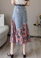 Modern Colorblock Asymmetrical Denim Patchwork Chiffon Skirts