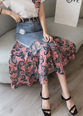 Modern Colorblock Asymmetrical Denim Patchwork Chiffon Skirts