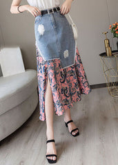 Modern Colorblock Asymmetrical Denim Patchwork Chiffon Skirts