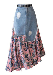 Modern Colorblock Asymmetrical Denim Patchwork Chiffon Skirts