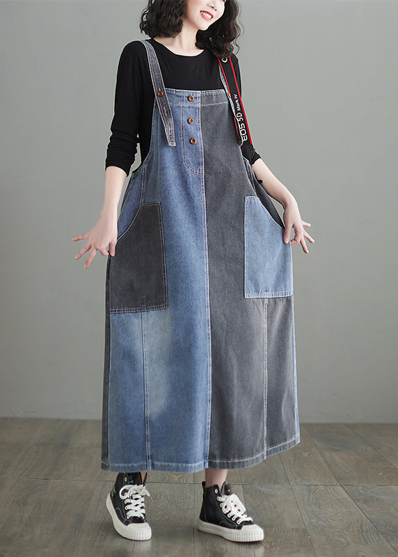 Modern Colorblock Oversized Patchwork Pockets Denim Strap Dress