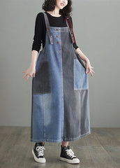 Modern Colorblock Oversized Patchwork Pockets Denim Strap Dress