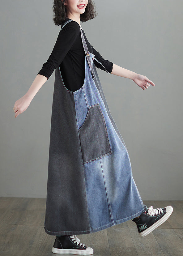 Modern Colorblock Oversized Patchwork Pockets Denim Strap Dress