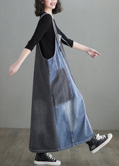 Modern Colorblock Oversized Patchwork Pockets Denim Strap Dress