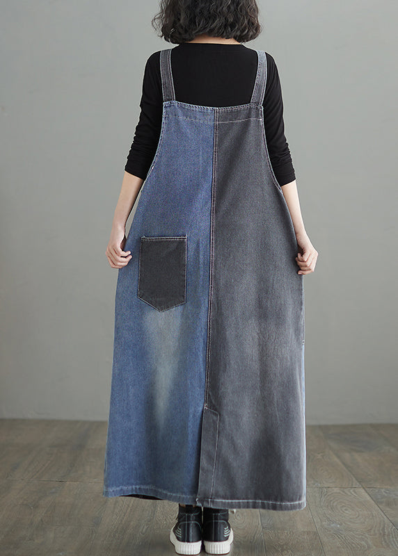 Modern Colorblock Oversized Patchwork Pockets Denim Strap Dress