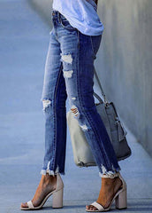 Modern Dark Blue Slim Fit Tassel Denim Pants