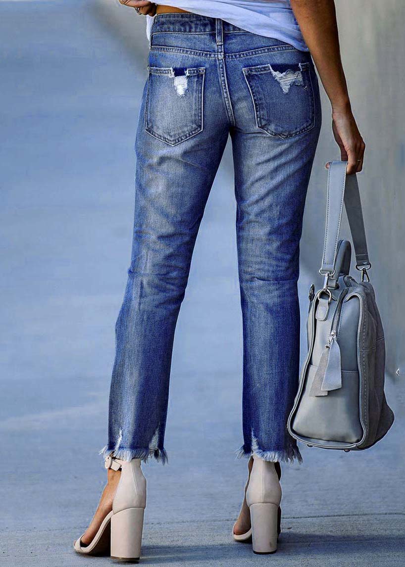 Modern Dark Blue Slim Fit Tassel Denim Pants