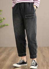 Modern Denim Black Jeans Stylish Elastic Waist Photography Wild Trousers