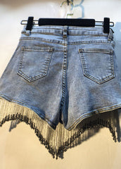 Modern Denim Blue Button Diamonds Tassel Cotton Shorts