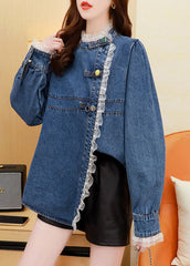 Modern Denim Blue Lace Patchwork Cotton Blouse Tops