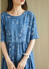 Modern Denim Blue O-Neck Print Cotton Dress Short Sleeve