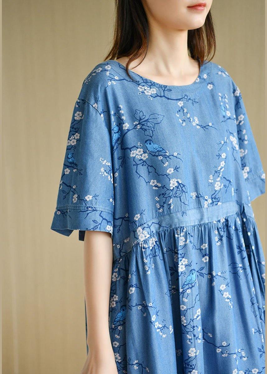 Modern Denim Blue O-Neck Print Cotton Dress Short Sleeve