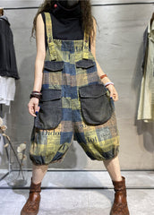 Modern Green Plaid Pockets Patchwork Cotton Denim Jumpsuit