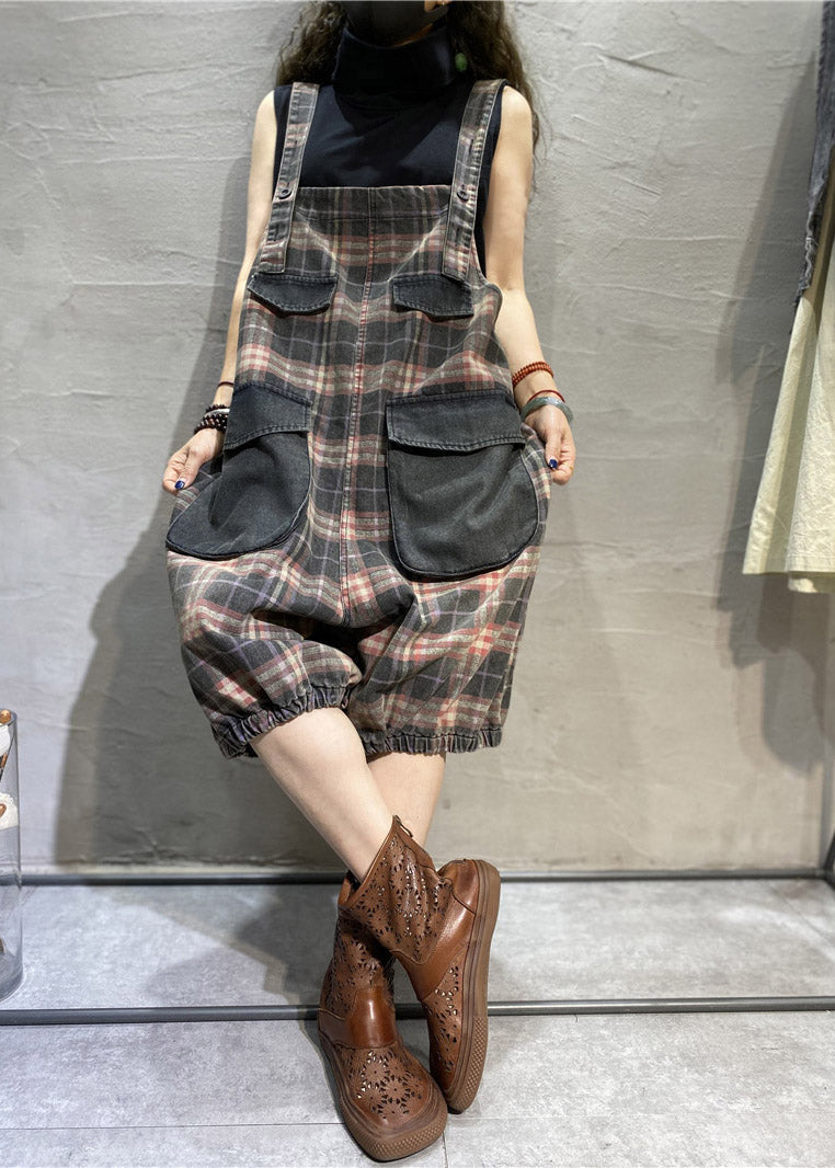 Modern Green Plaid Pockets Patchwork Cotton Denim Jumpsuit