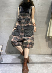 Modern Green Plaid Pockets Patchwork Cotton Denim Jumpsuit