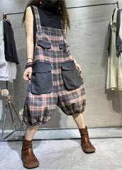 Modern Green Plaid Pockets Patchwork Cotton Denim Jumpsuit