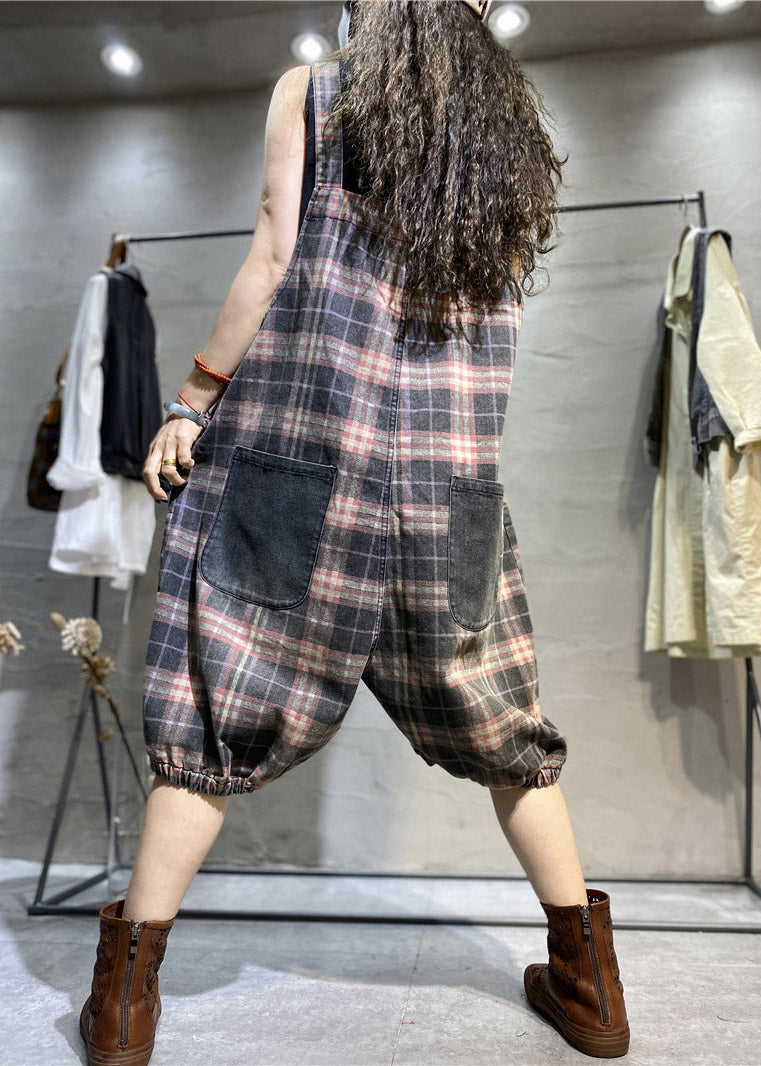 Modern Green Plaid Pockets Patchwork Cotton Denim Jumpsuit