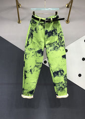 Pantalones vaqueros de patchwork con bolsillos y efecto tie-dye en verde moderno para otoño