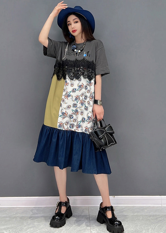Modern Grey Asymmetrical Patchwork Lace Ruffles Cotton Denim Dresses S