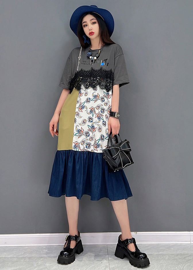 Modern Grey Asymmetrical Patchwork Lace Ruffles Cotton Denim Dresses Short Sleeve