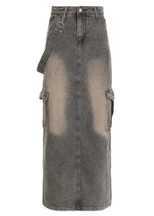 Modern Grey Pockets Side Open Patchwork Denim Maxi Skirts Fall