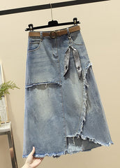 Modern Light Blue High Waist Asymmetrical Sashes Pendant Pockets Cotton Denim Skirt