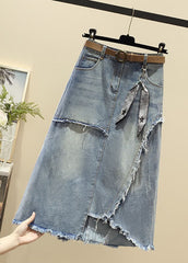 Modern Light Blue High Waist Asymmetrical Sashes Pendant Pockets Cotton Denim Skirt