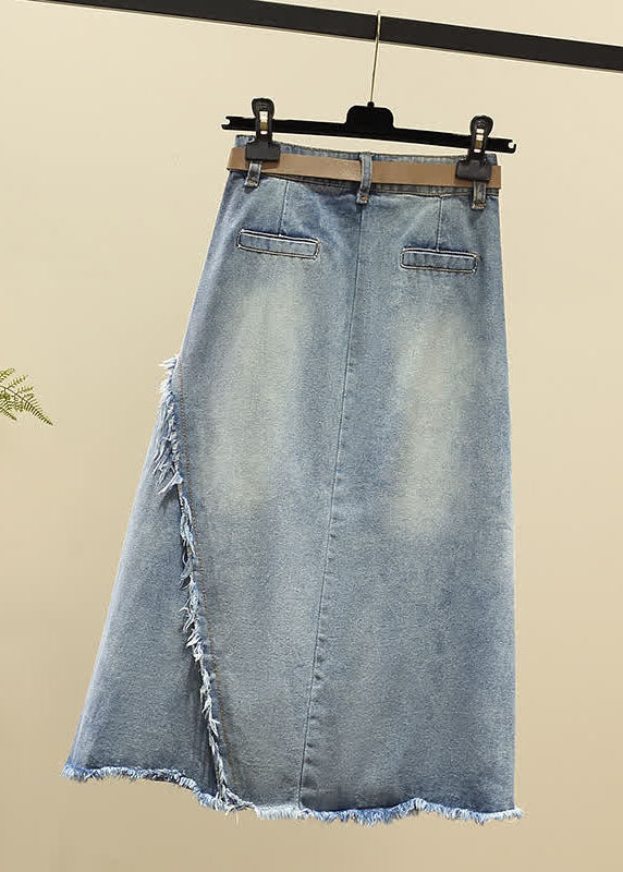 Moderner hellblauer Jeansrock aus Baumwolle mit hoher Taille, asymmetrischen Schärpen und Anhängertaschen