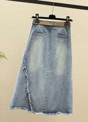 Modern Light Blue High Waist Asymmetrical Sashes Pendant Pockets Cotton Denim Skirt