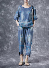 Modern Light Blue O-Neck Embroideried Denim Two Piece Suit Set