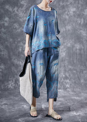 Modern Light Blue O-Neck Embroideried Denim Two Piece Suit Set