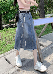 Modern Light Blue Patchwork Ripped A Line Denim Skirt