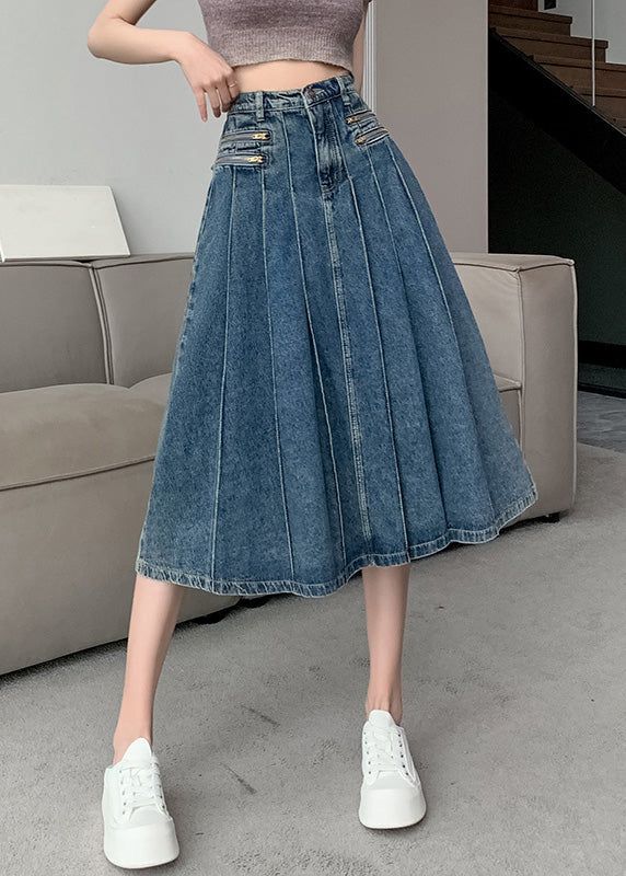 Modern Navy High Waist Zip Up Denim Pleated Skirt