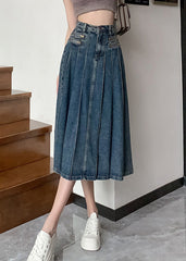 Modern Navy High Waist Zip Up Denim Pleated Skirt