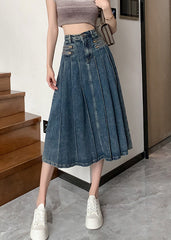 Modern Navy High Waist Zip Up Denim Pleated Skirt