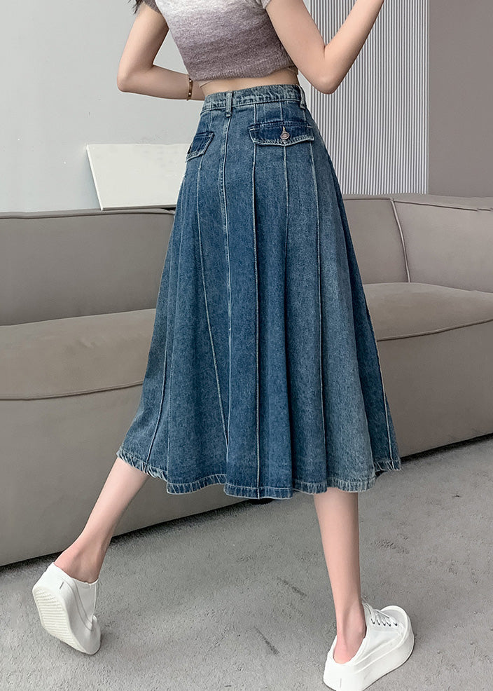 Modern Navy High Waist Zip Up Denim Pleated Skirt