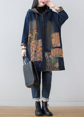 Modern Navy Hooded Patchwork Print Denim Coats