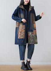 Modern Navy Hooded Patchwork Print Denim Coats