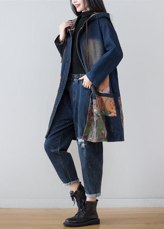 Modern Navy Hooded Patchwork Print Denim Coats