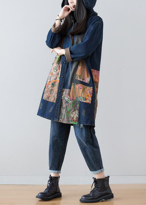 Modern Navy Hooded Patchwork Print Denim Coats