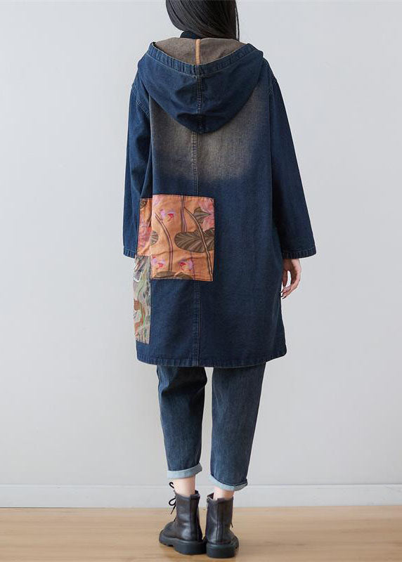 Modern Navy Hooded Patchwork Print Denim Coats