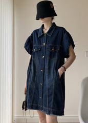 Modern Navy Peter Pan Collar Drawstring Patchwork Denim Dress Puff Sleeve