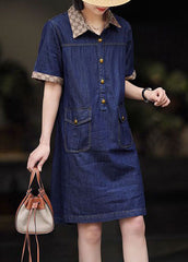 Modern Navy Peter Pan Collar Patchwork Denim Mid Dress